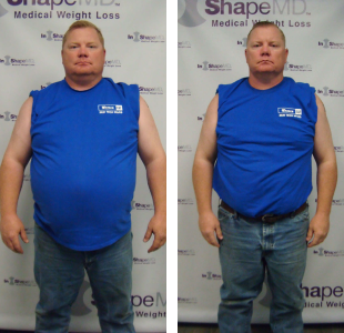Before and after weight loss pictures of a man in a blue sleeveless shirt