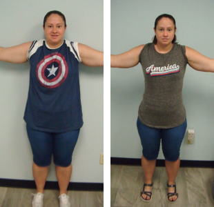 Before and after weight loss pictures of a man showing off his arms