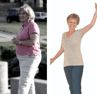 Before and after weight loss pictures of a woman in pink