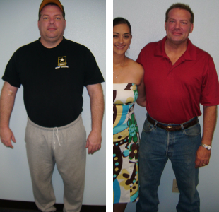 Before and after weight loss pictures of a smiling man