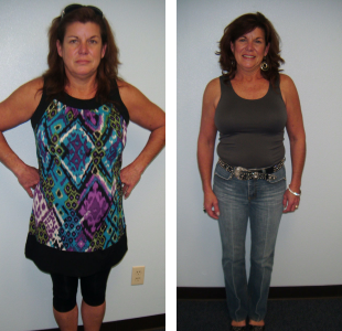 Before and after weight loss pictures of a happy woman